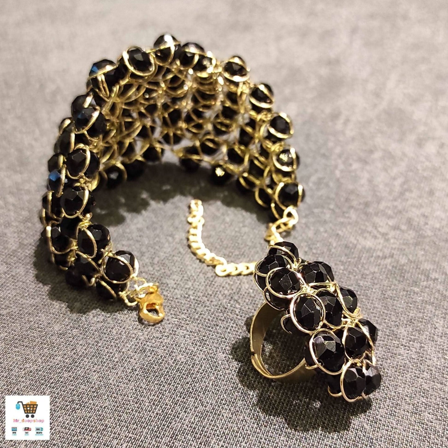 “Noor - e - Kala” Black Stone Statement Ring &amp; Kada Set - Doopshop Company