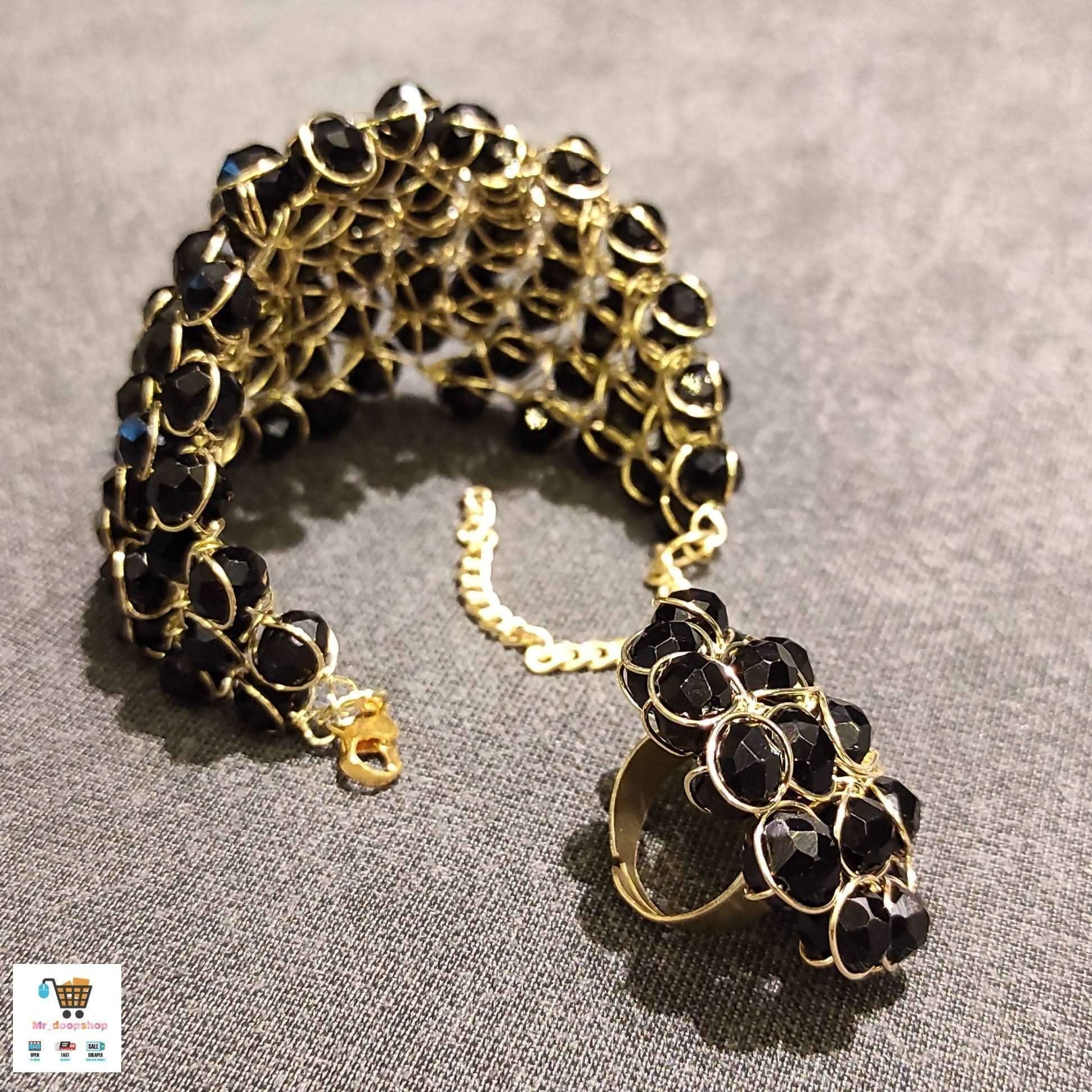 “Noor - e - Kala” Black Stone Statement Ring &amp; Kada Set - Doopshop Company
