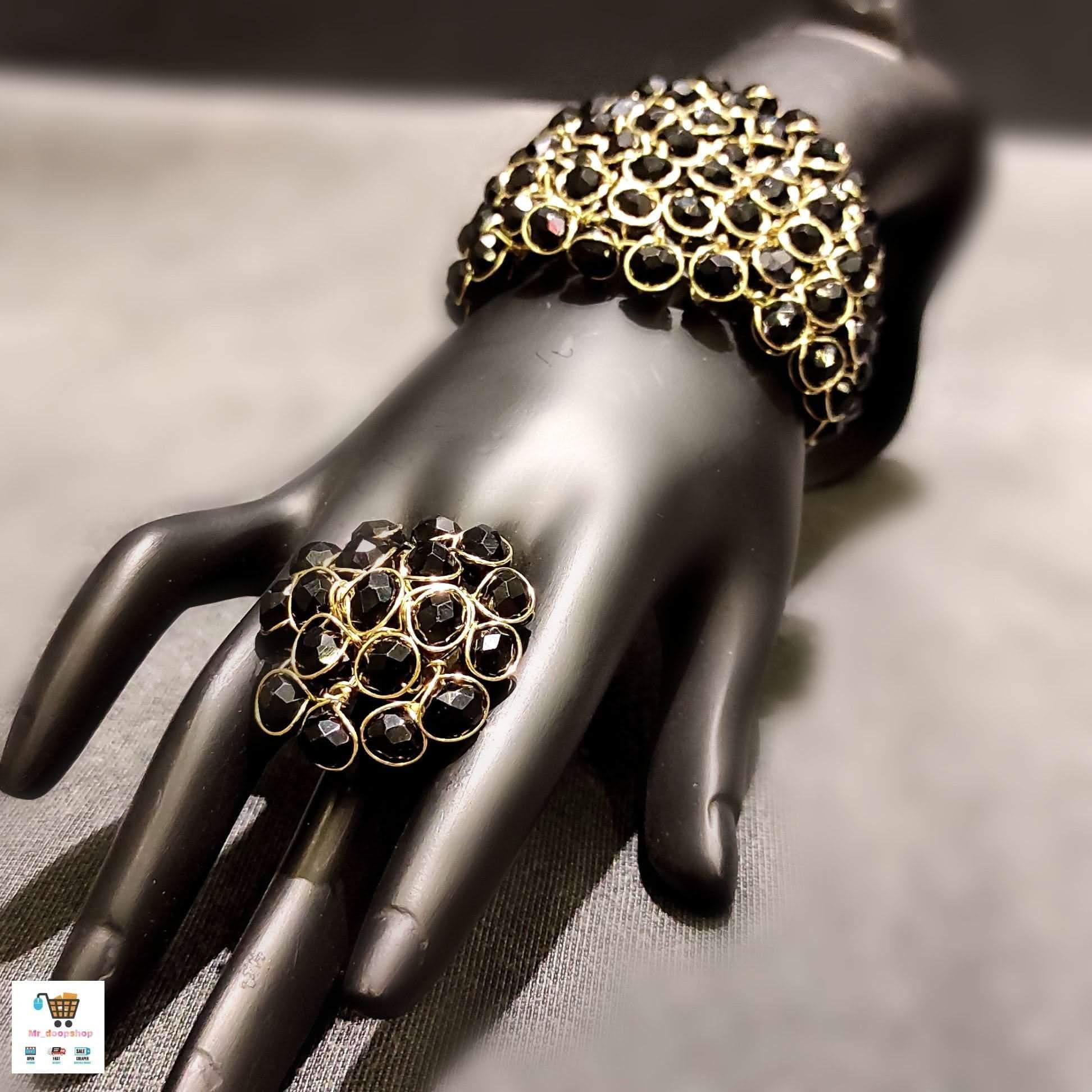 “Noor - e - Kala” Black Stone Statement Ring &amp; Kada Set - Doopshop Company