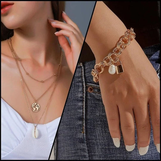 “World &amp; Lock” Trendy Necklace + Bracelet Combo - Doopshop Company